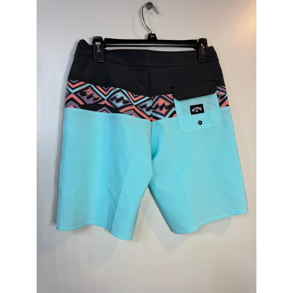 Billabong Kids Board Shorts Turquoise Black Geometric Print Elastic Waist NEW 28
